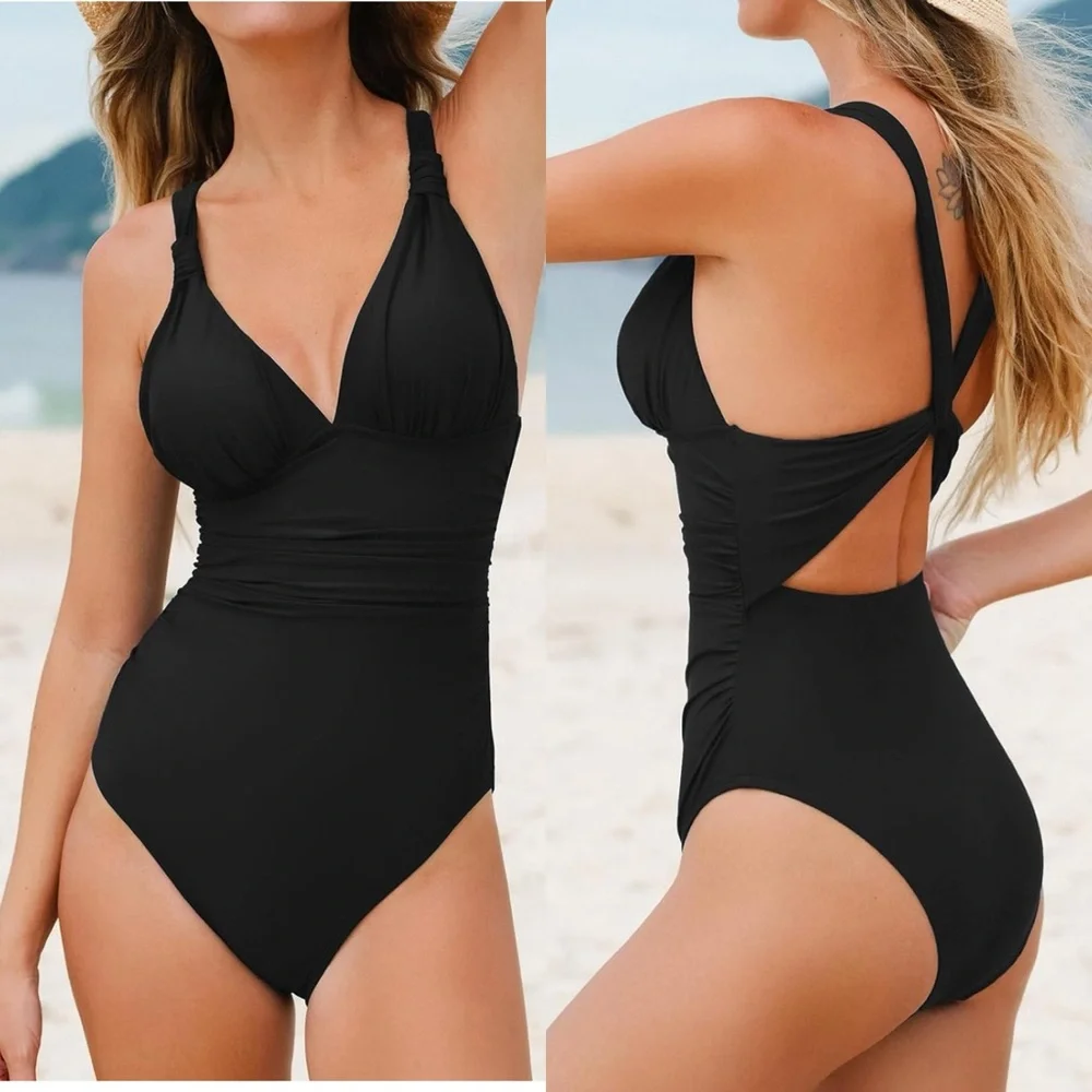 One Piece Swimsuit Deep V Neck Tummy Control Ruched V Back Classic‎ Bathing Suit - Picture 3 of 16